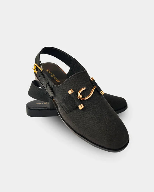 Men’s Luxury Black Peshawari Sandals with Golden Buckle – Soft Eaze Comfort Fit