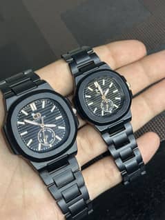 Couple Luxury Black Stainless Steel Analog Watch – Matching His & Hers Set