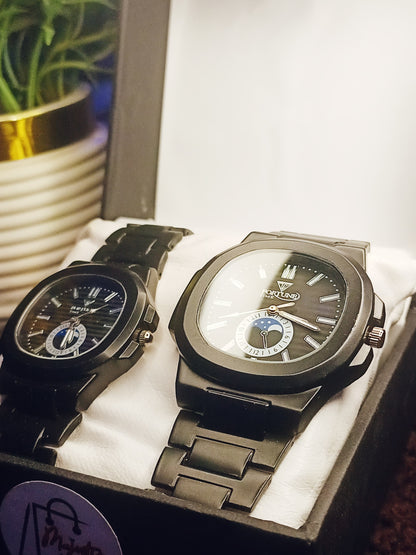 Couple Luxury Black Stainless Steel Analog Watch – Matching His & Hers Set